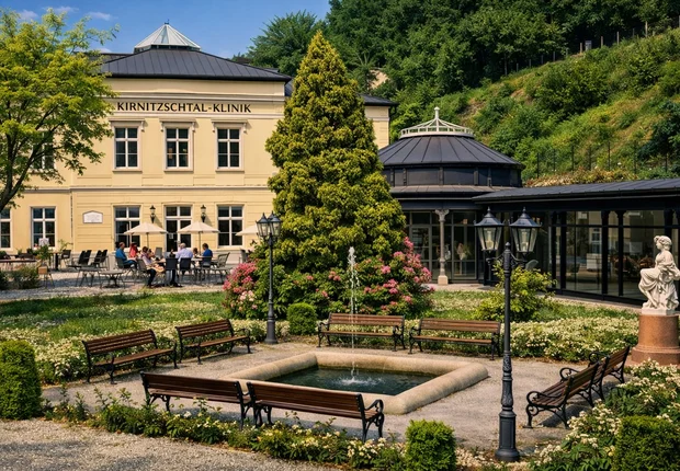 Originalaufnahme der Kirnitzschtal-Klinik; KI-gestützt geringfügig in Zuschnitt und Beleuchtung optimiert. Außenansicht mit seitlichem Blick auf den Haupteingang der Kirnitzschtal-Klinik Bad Schandau im Kirnitzschtal